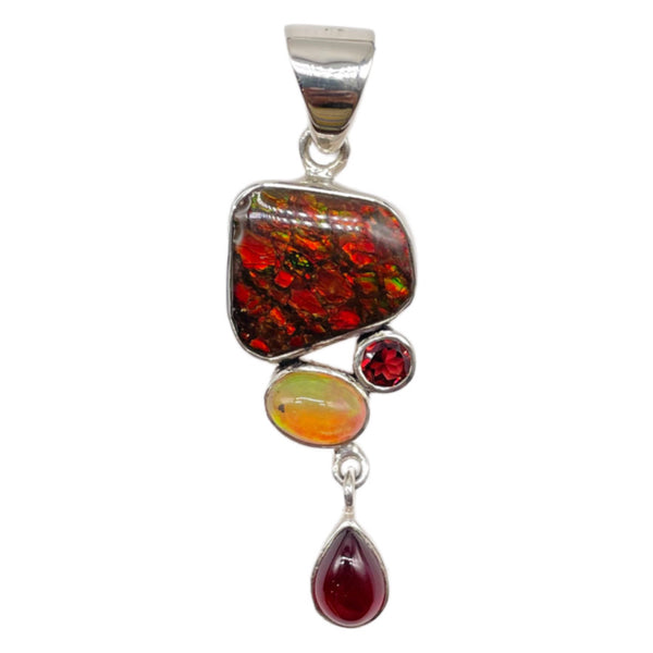 Ammolite pendant with opal, garnet, Hessonite