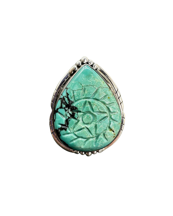 Decorative Halo Carved Turquoise Ring