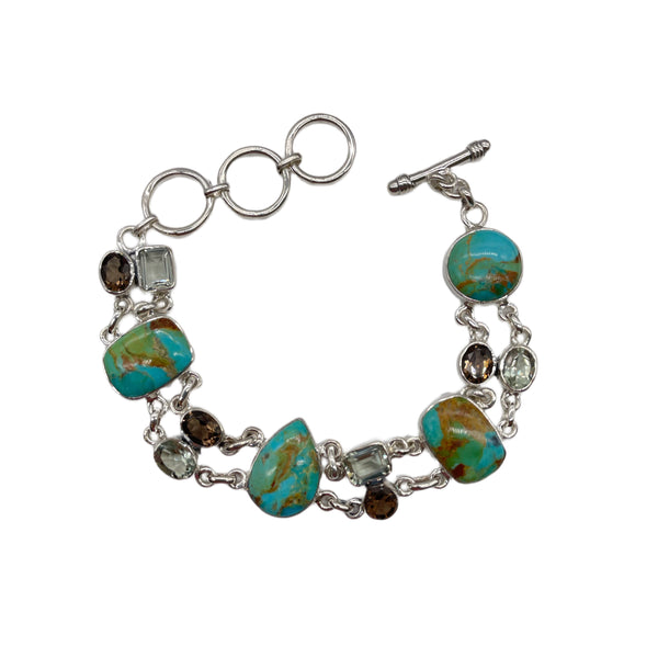 Boulder Turquoise With Green Amethyst And Smokey Quartz Bracelet