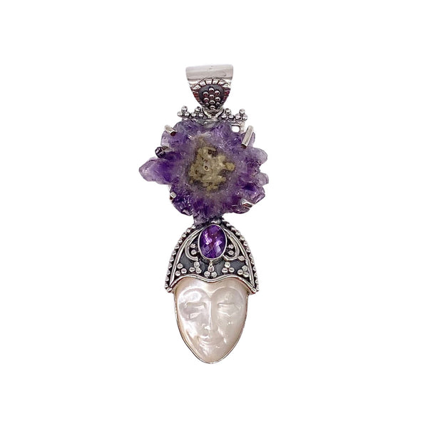 Amethyst Stalactite Pendant paired with Mother of pearl face carving