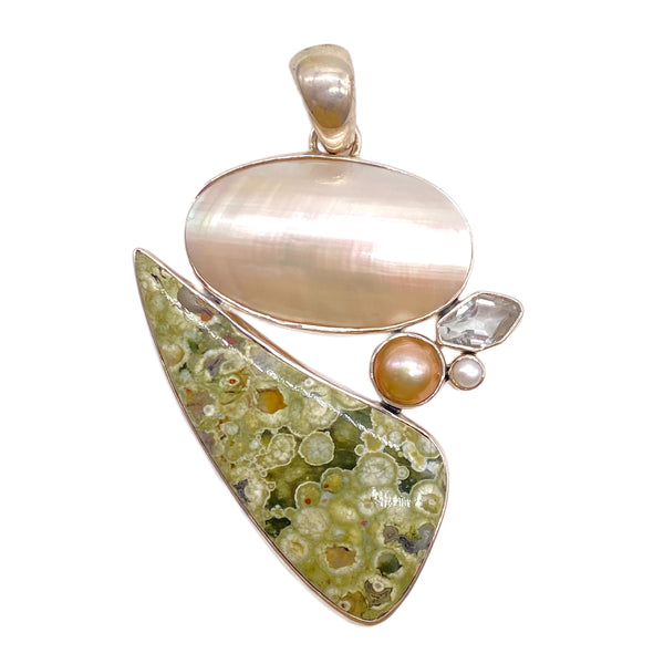 Rain Forest Jasper Paired with Mabe Shell ,Green Amethyst and Pearl Pendant