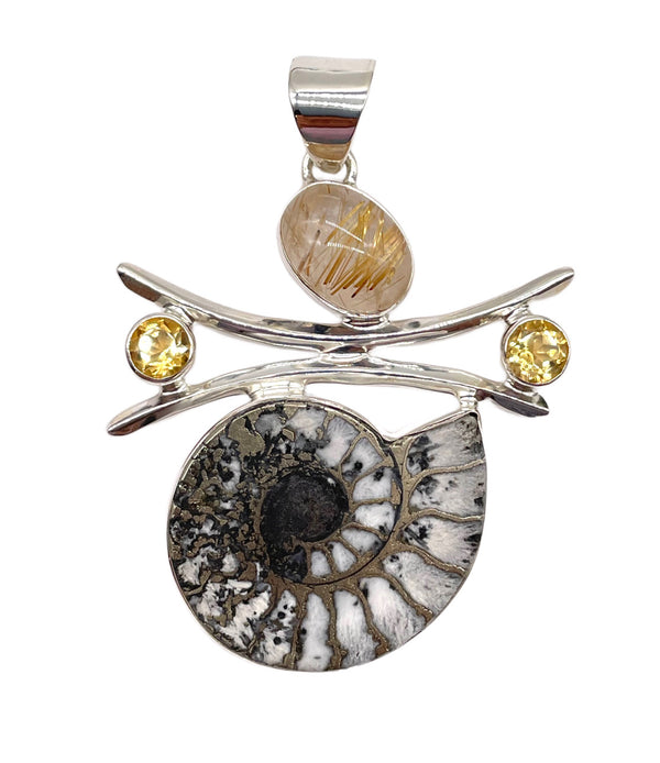 Pyritized ammonite paired with golden rutile and citrine Pendant