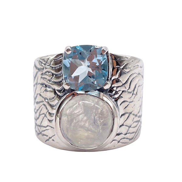 Rainbow Moonstone Ring with Blue Topaz