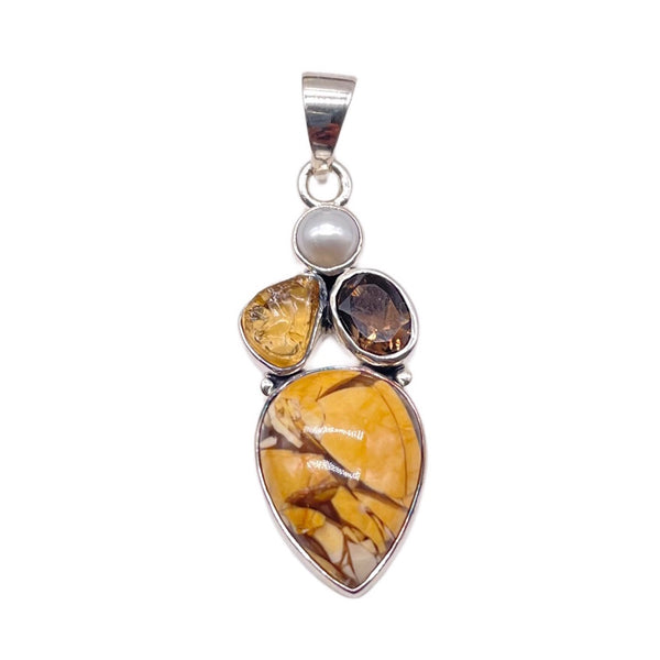 Brecciated Mookaite with citrine, Smoky Quartz and Pearl Pendant