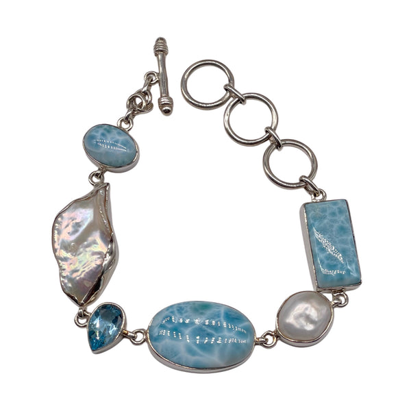 Larimar with fresh water pearl and blue topaz Bracelet