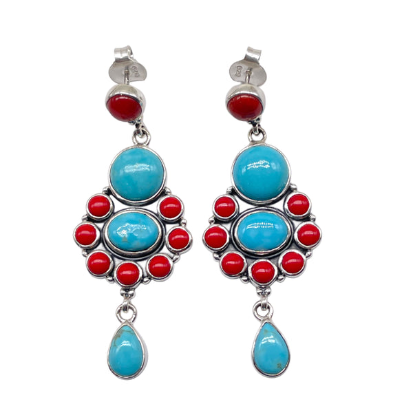 Mexican Turquoise With Red Coral Earrings