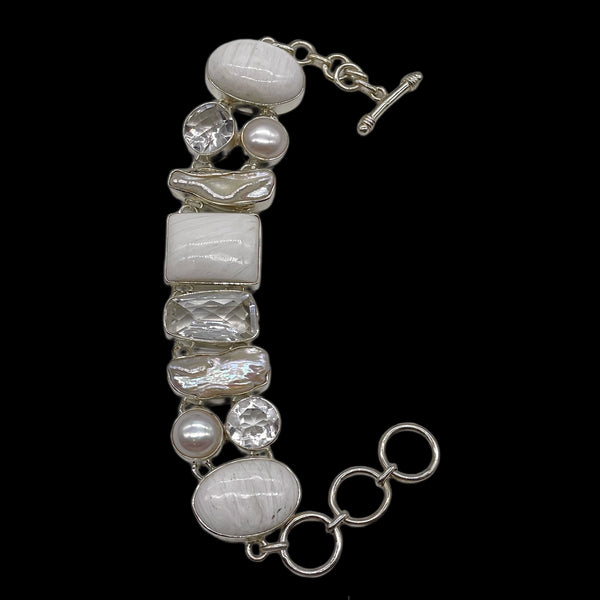 Scolecite with clear Quartz, Pearl, fresh water Pearl  Bracelet