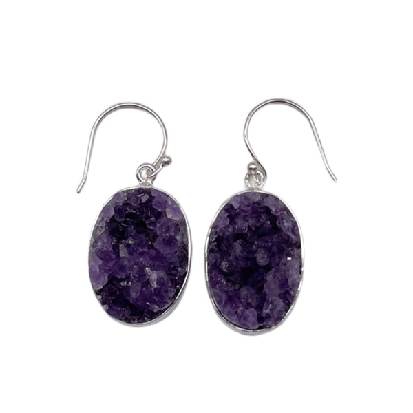 Amethyst Druzy Oval Shaped Dangle Earrings