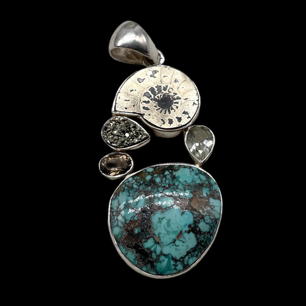 Tibetian Turquoise paired with Green Amethyst, Pyrite, Smokey Quartz, Pyritized Ammonite pendant