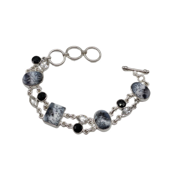 Dendritic Opal with onyx and clear Quartz Bracelet