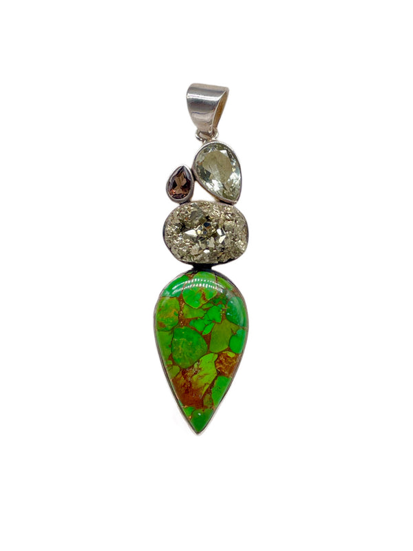 Green Copper Turquoise Pendant Paired With Pyrite, Green Amethyst and Smoky Quartz