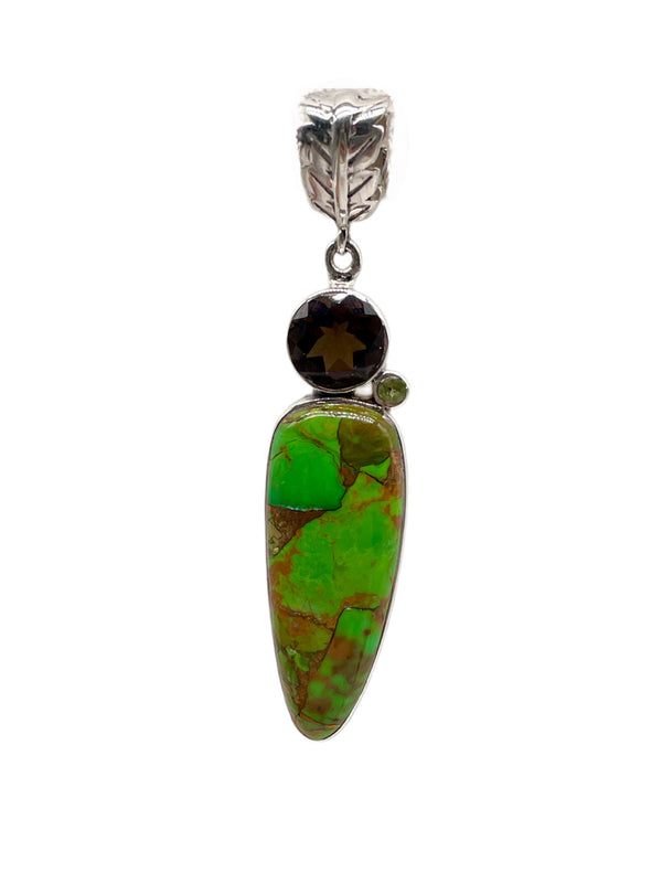 Green Copper Turquoise Pendant Paired With Peridot and Smoky Quartz