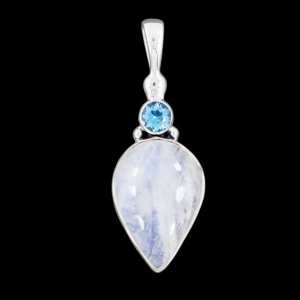 RAINBOW MOONSTONE, BLUE TOPAZ PENDANT