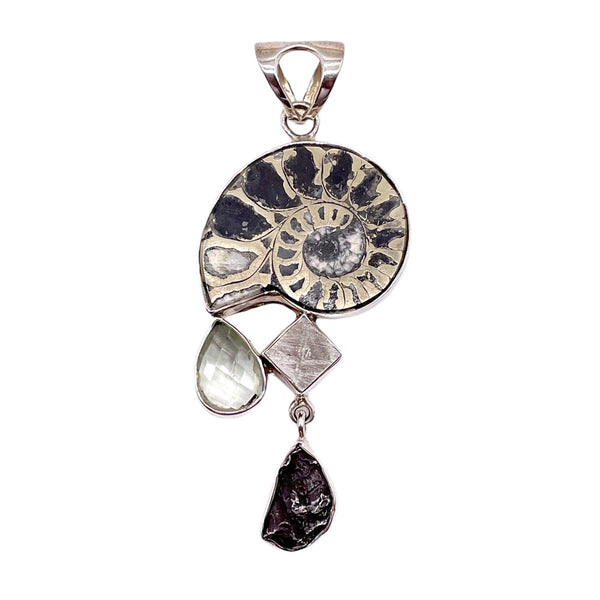 Pyritized ammonite paired with Shungite, Green Amethyst & Meteorite Pendant