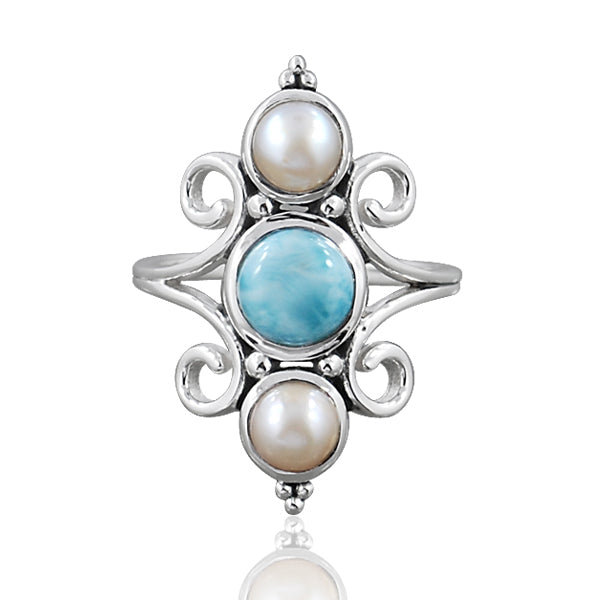 Larimar Ring paired with Freshwater Pearl